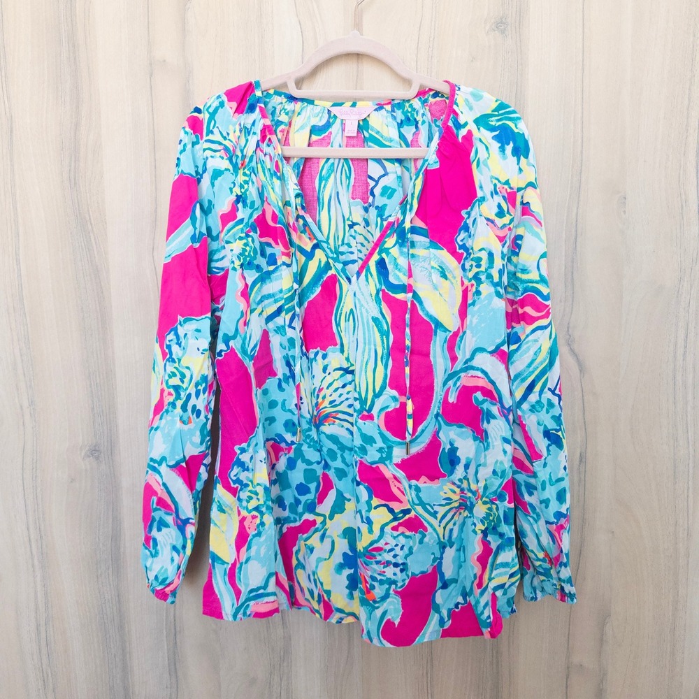 Lilly Pulitzer Womens Blouse L Lobsters in Love Pink Blue Bright Coastal Resort
